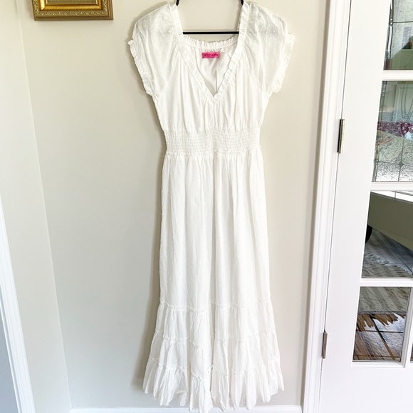 Betsey Johnson White Maxi Dress SZ M Swiss Dot Smocked Waist Boho Ruffle Cottage - Picture 1 of 11